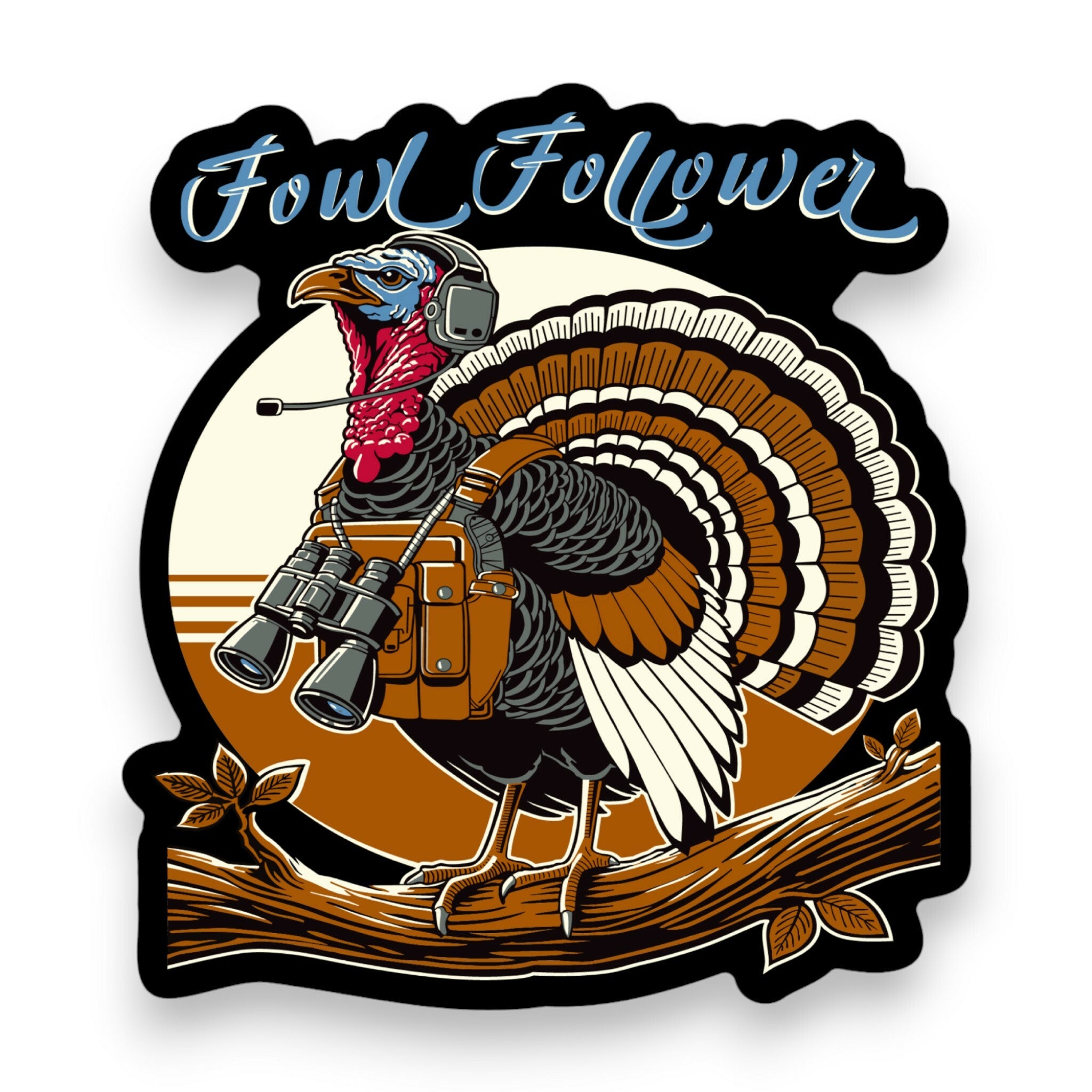  "Tacticool Tom Sticker" by Fowl Follower, featuring a cartoon turkey equipped with tactical gear, ideal for turkey hunters looking to add a humorous touch to their hunting equipment.