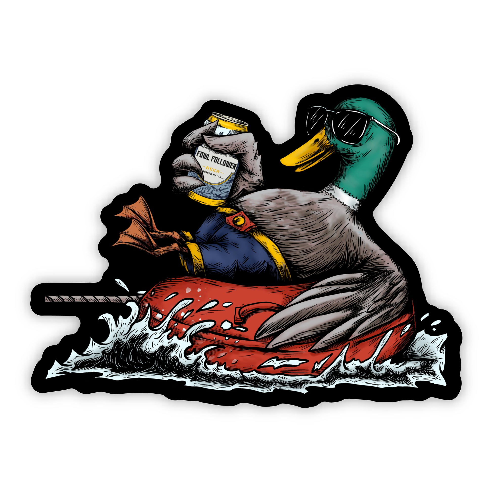 A Mobbin' Mallard Sticker from Fowl Follower on a raft.