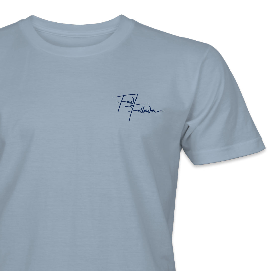A Fowl Follower Mobbin’ Mallard Tee with a signature of a man.