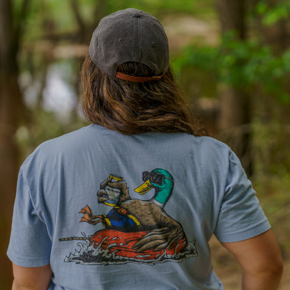 A man with long hair wearing a Fowl Follower Mobbin' Mallard Tee.