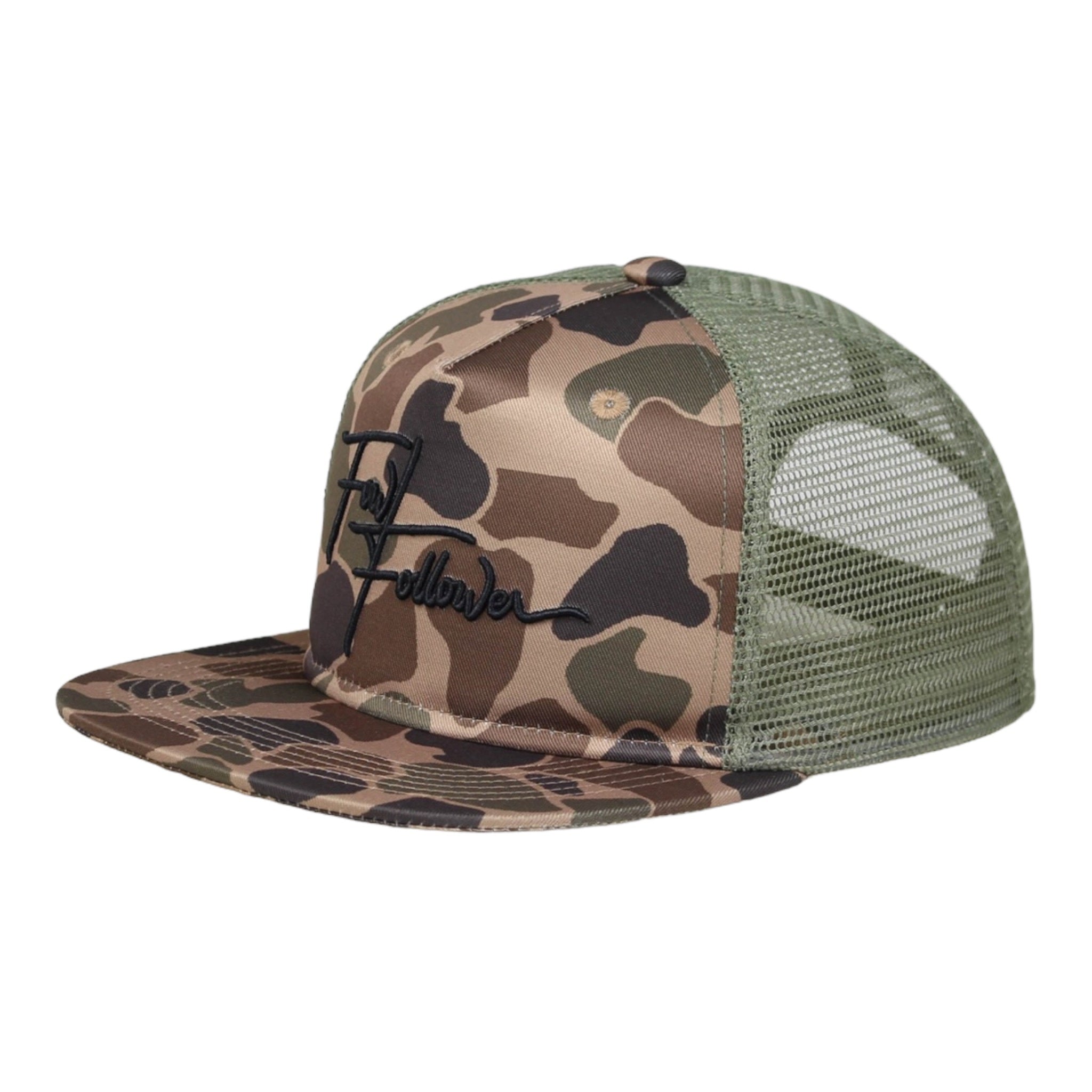 A Fowl Follower Favorite Camo Hat with a black embroidered logo.