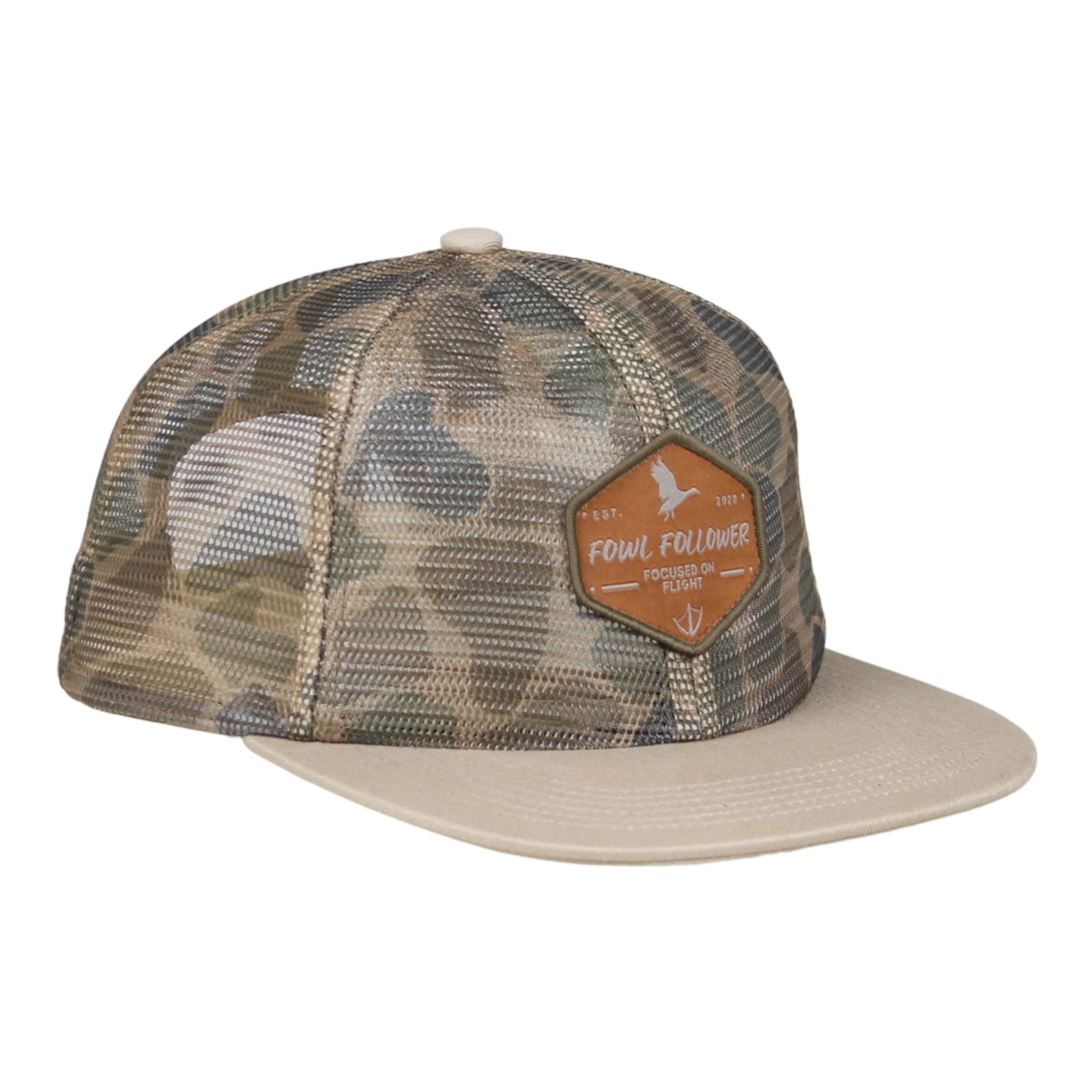 A Fowl Follower Mesh Camo Hat with a leather patch on the front.