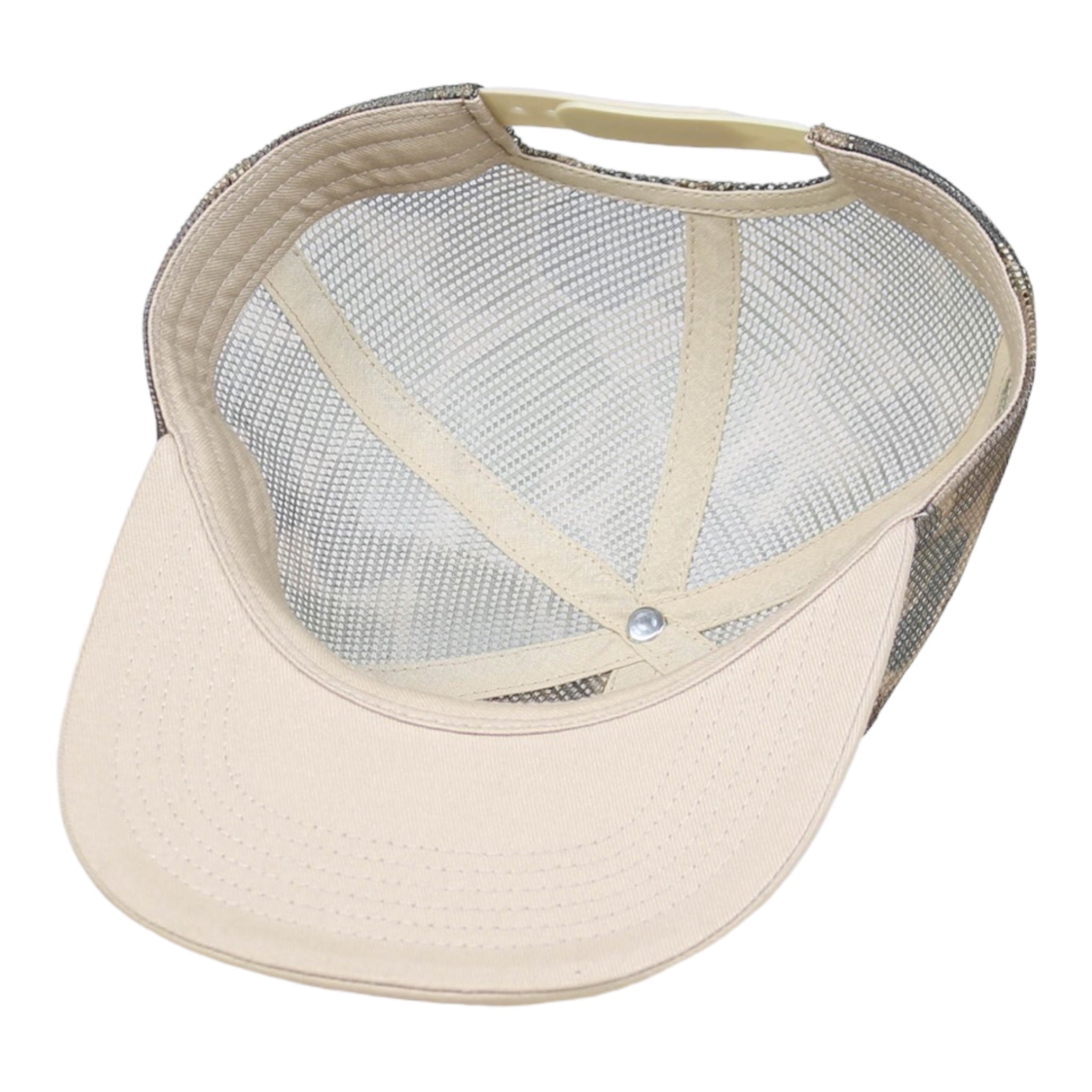 a Fowl Follower Mesh Camo Hat with a white visor on top of it.
