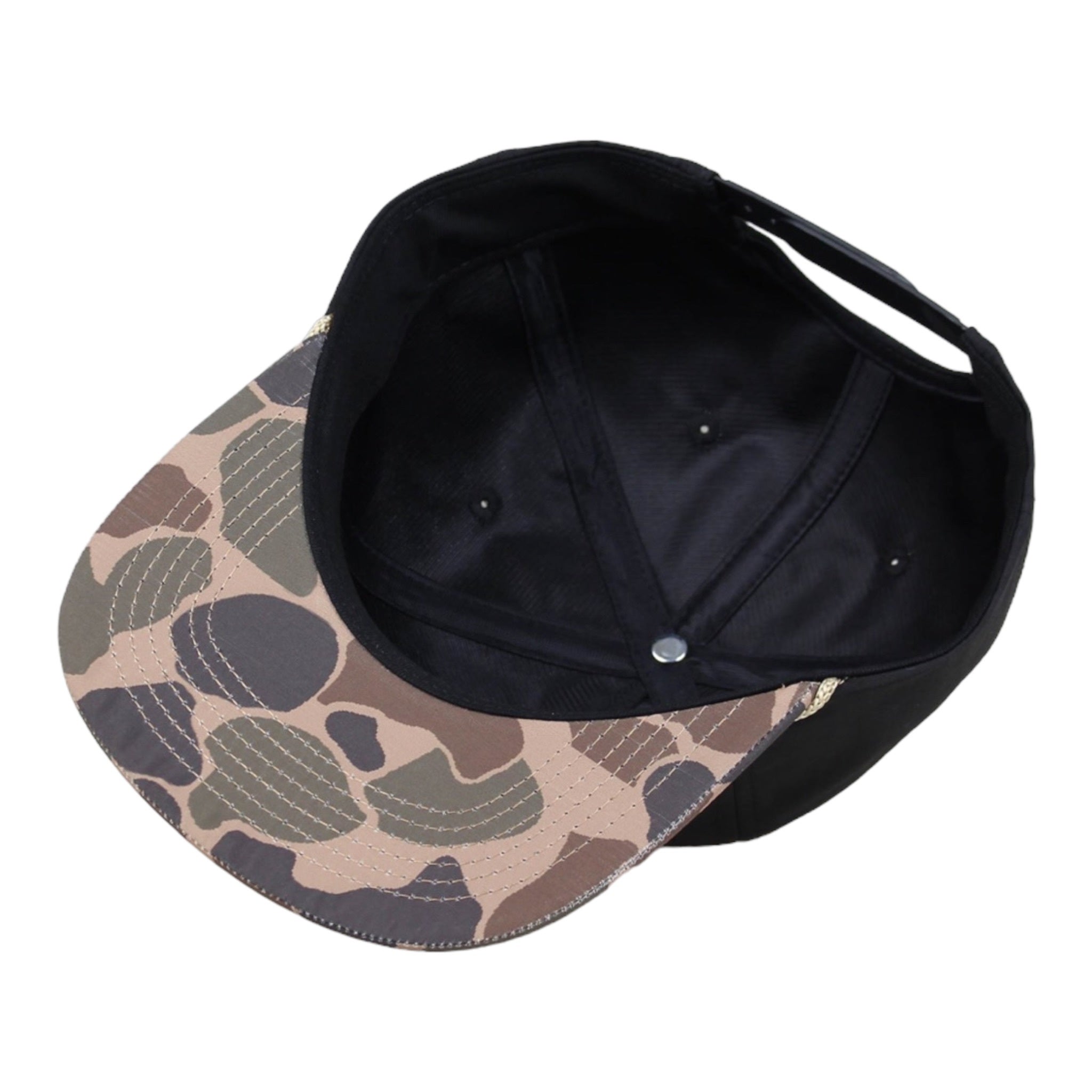 A Fowl Follower Black Camo Rope Hat with a black visor on top of it.