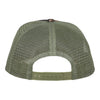 A green trucker hat with a leather patch on the front by Fowl Follower's Favorite Camo Hat.
