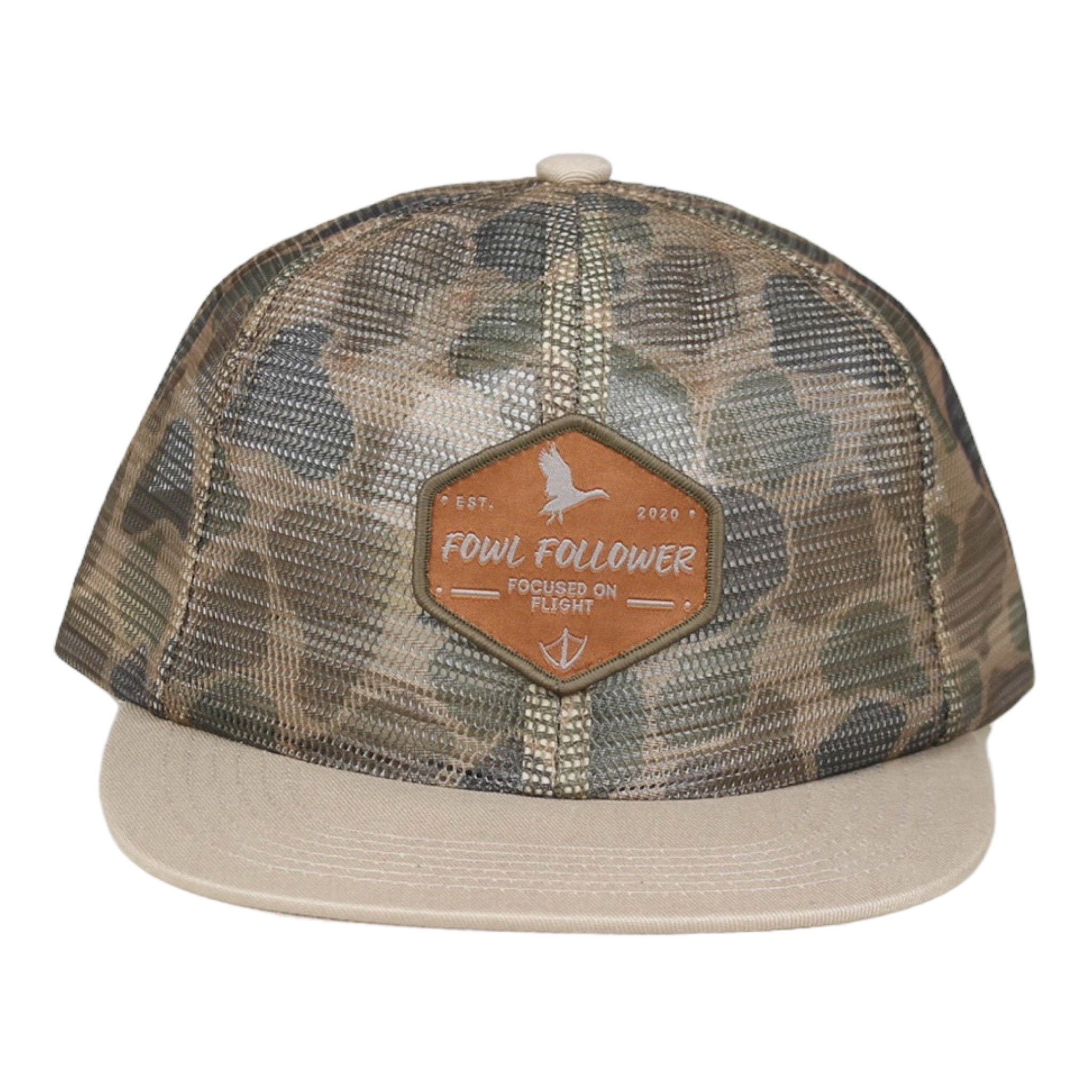 A Fowl Follower Mesh Camo Hat with a leather patch on the front.
