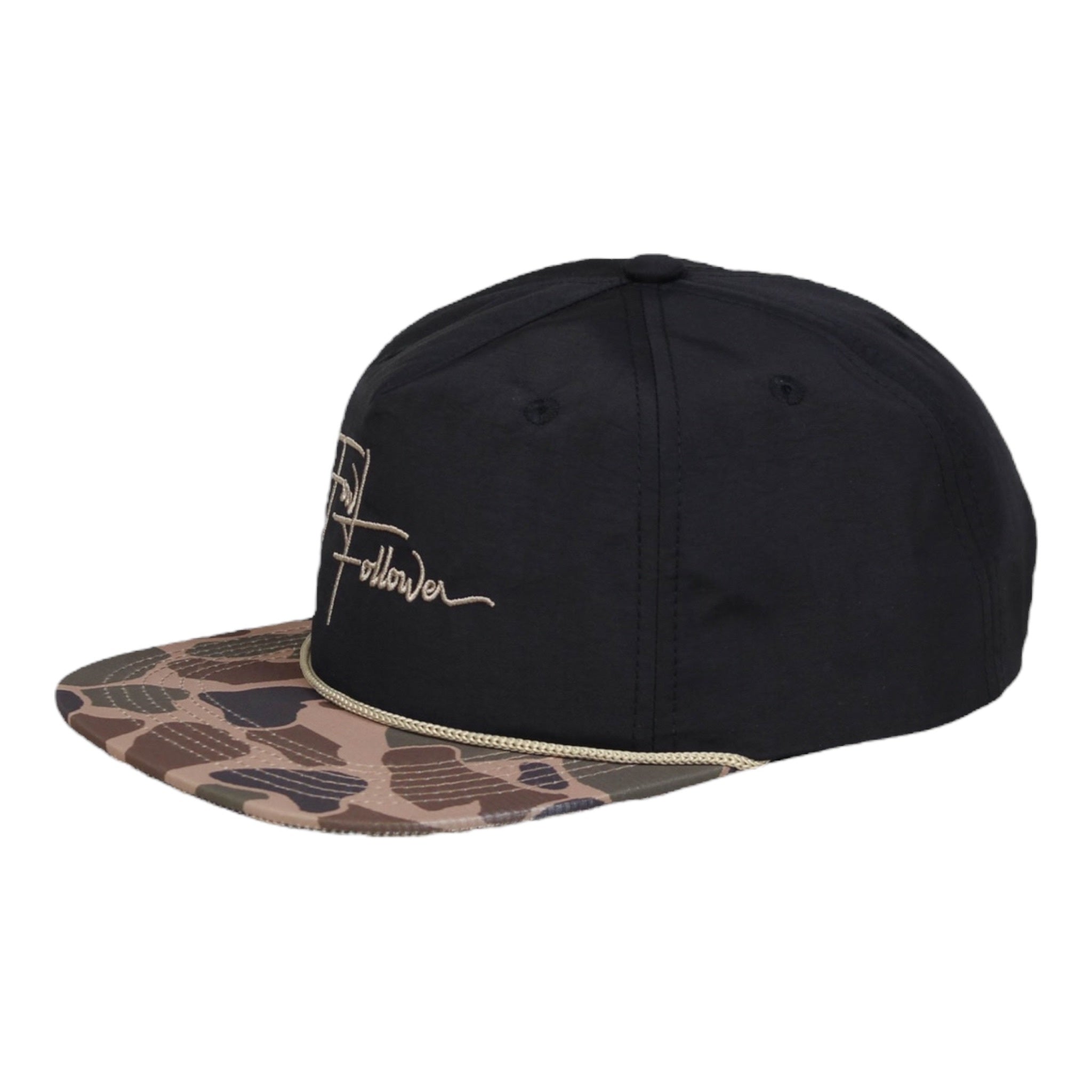 A Fowl Follower Black Camo Rope Hat with a white logo on it.