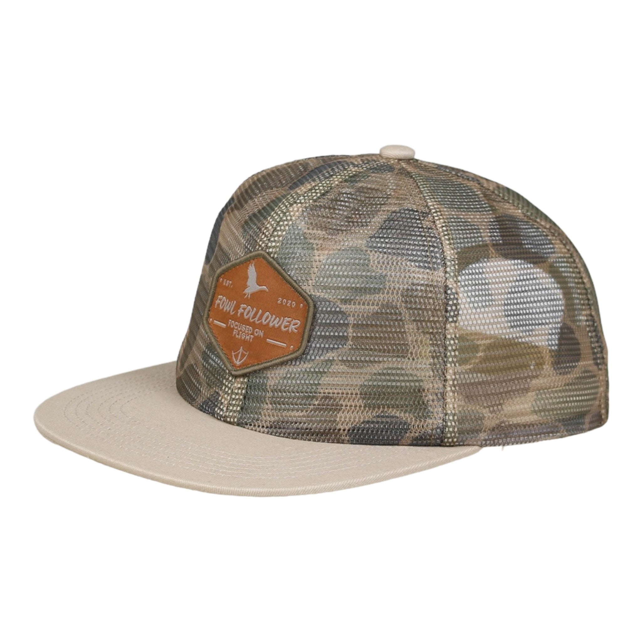 A Mesh Camo Hat with a patch on the front from Fowl Follower.