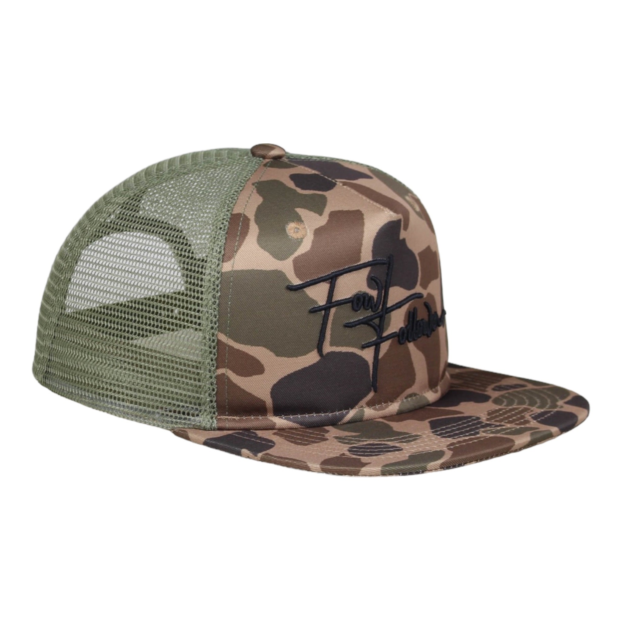 A Fowl Follower Favorite Camo Hat with a black f logo on the front.