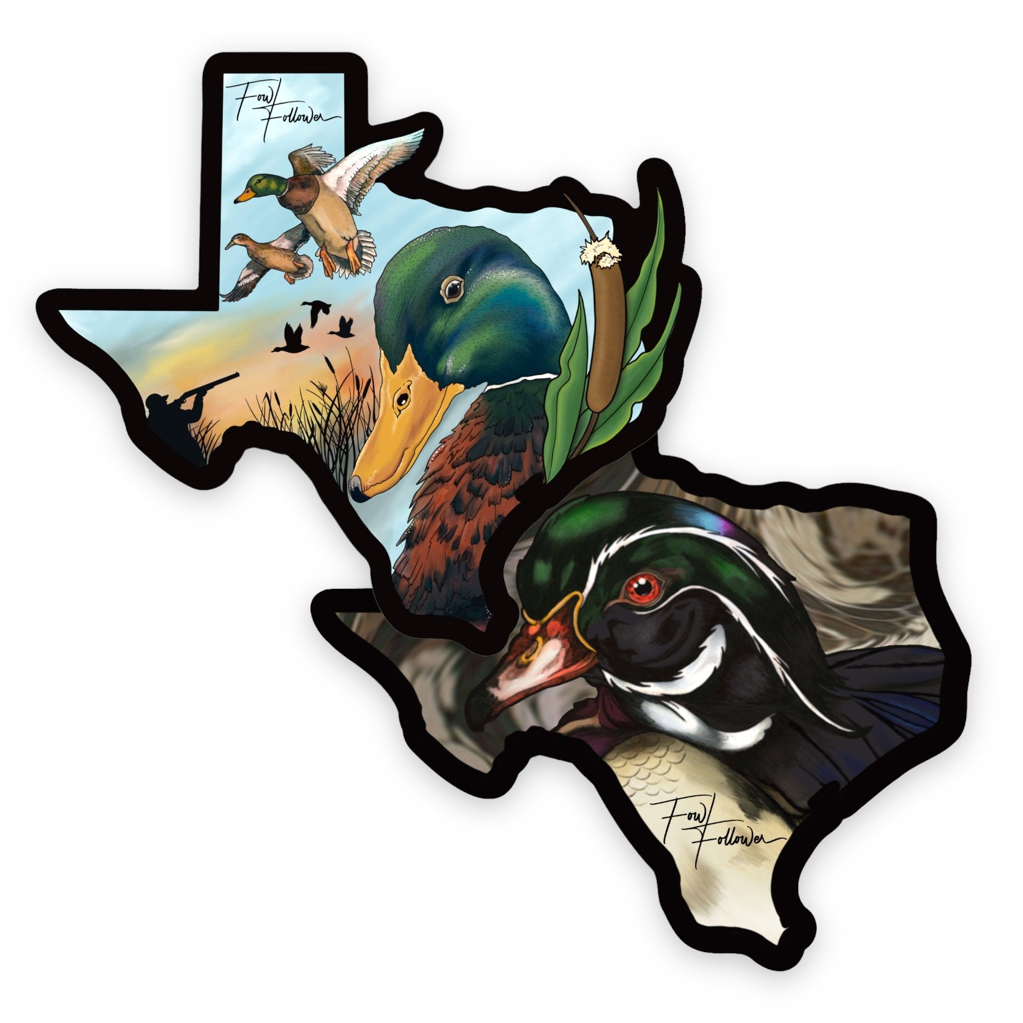 A picture of the Fowl Follower Lone Star Sticker Bundle with ducks.