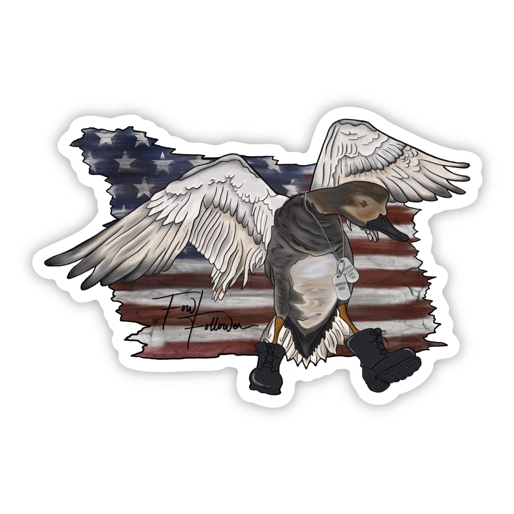 A Fowl Follower General Gray Sticker of an American flag with a bald eagle on it.